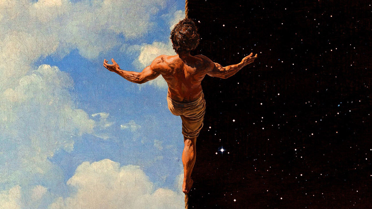 Man walking on tightrope between daytime sky and night sky