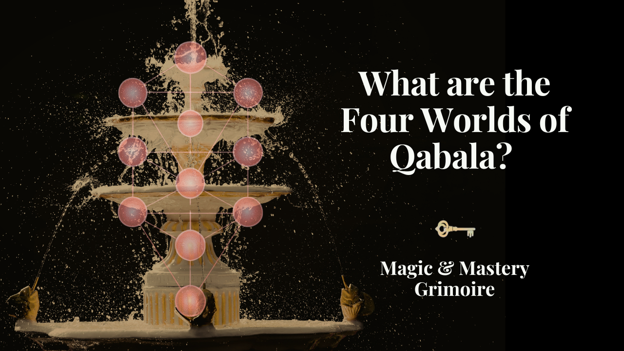 Tree of Life over a tiered fountain illustrating the Four Worlds of Qabala from spiritual to physical manifestation