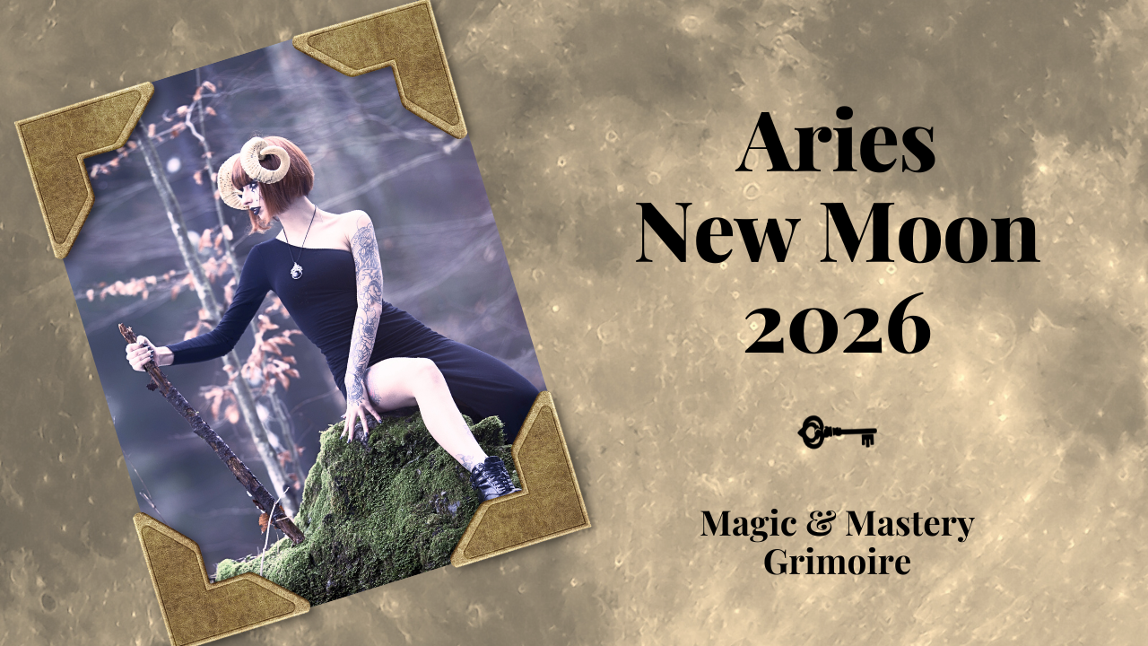 A woman with ram's horns sits atop a mossy rock holding a staff, surrounded by a misty forest. Text reads: Aries New Moon 2026, Magic & Mastery Grimoire.