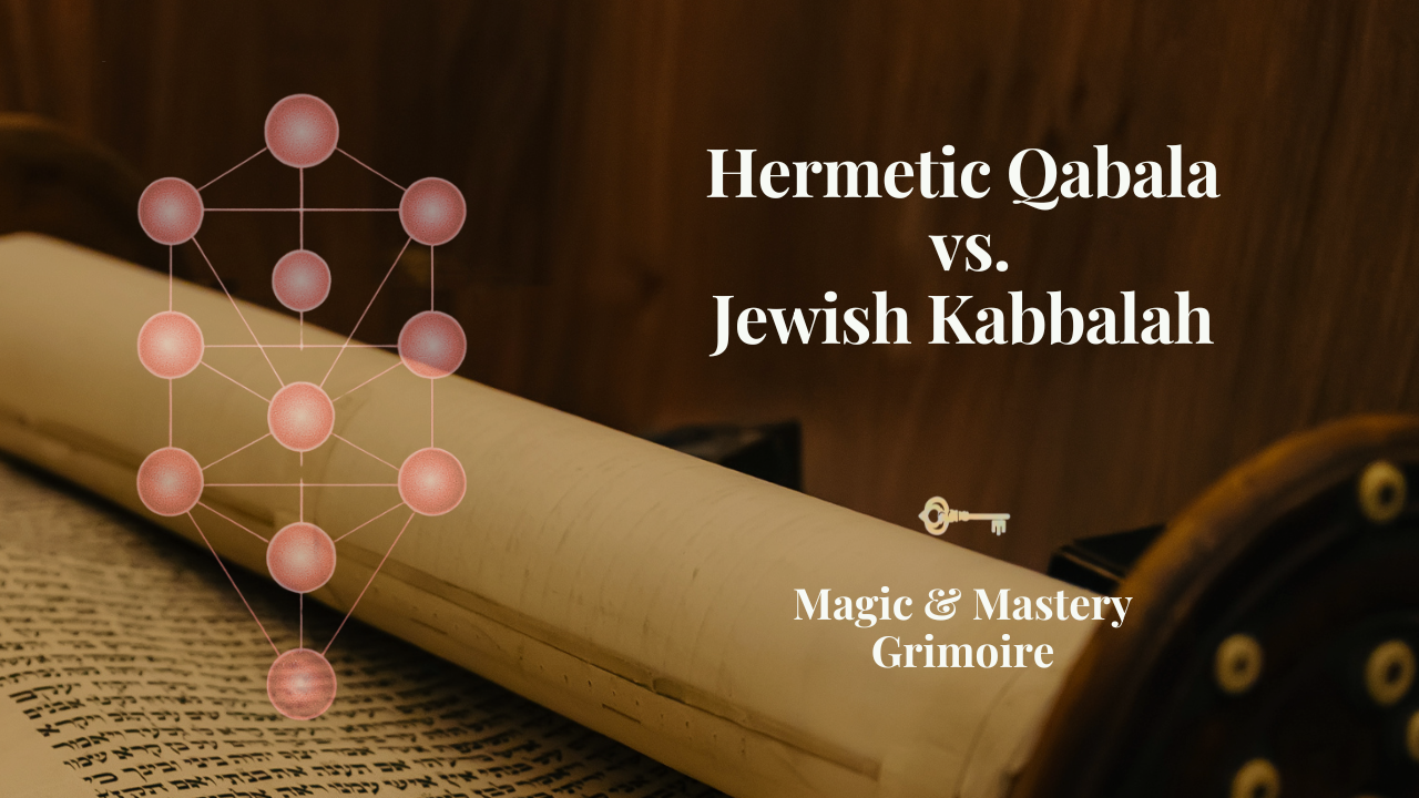 Tree of Life diagram over an open Hebrew scroll representing comparison between Hermetic Qabala and Jewish Kabbalah traditions