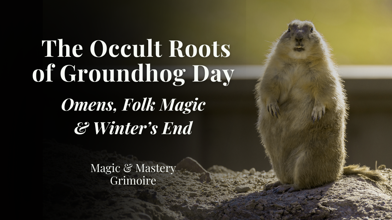 Groundhog standing upright at dawn with dark gradient background and text reading ‘The Occult Roots of Groundhog Day: Omens, Folk Magic & Winter’s End’