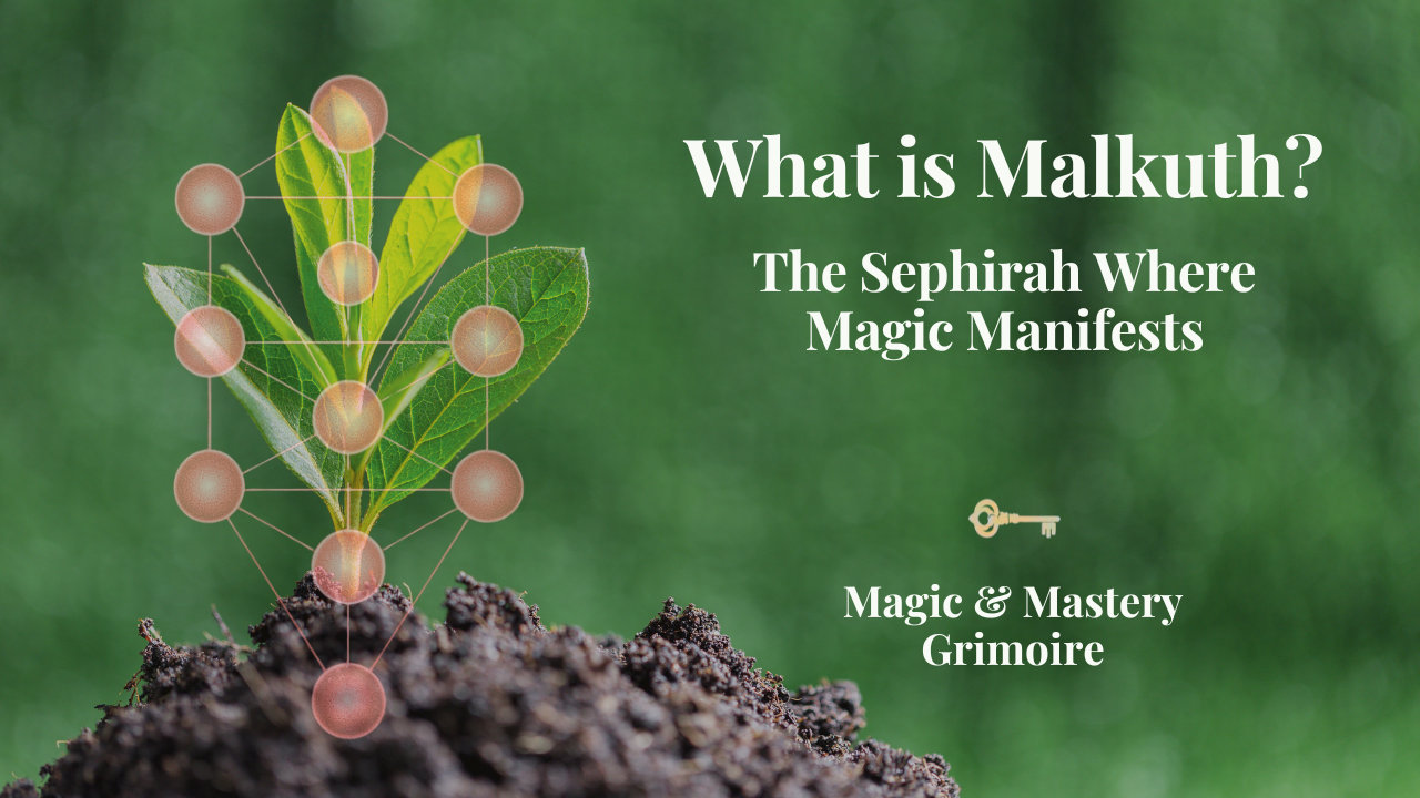 Tree of Life diagram overlaid on a growing plant emerging from soil, illustrating Malkuth, the tenth Sephirah of Hermetic Qabala
