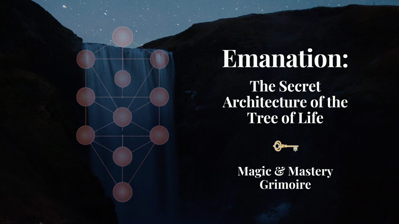 Hermetic Tree of Life diagram over a waterfall at night representing emanation from divine source into physical reality