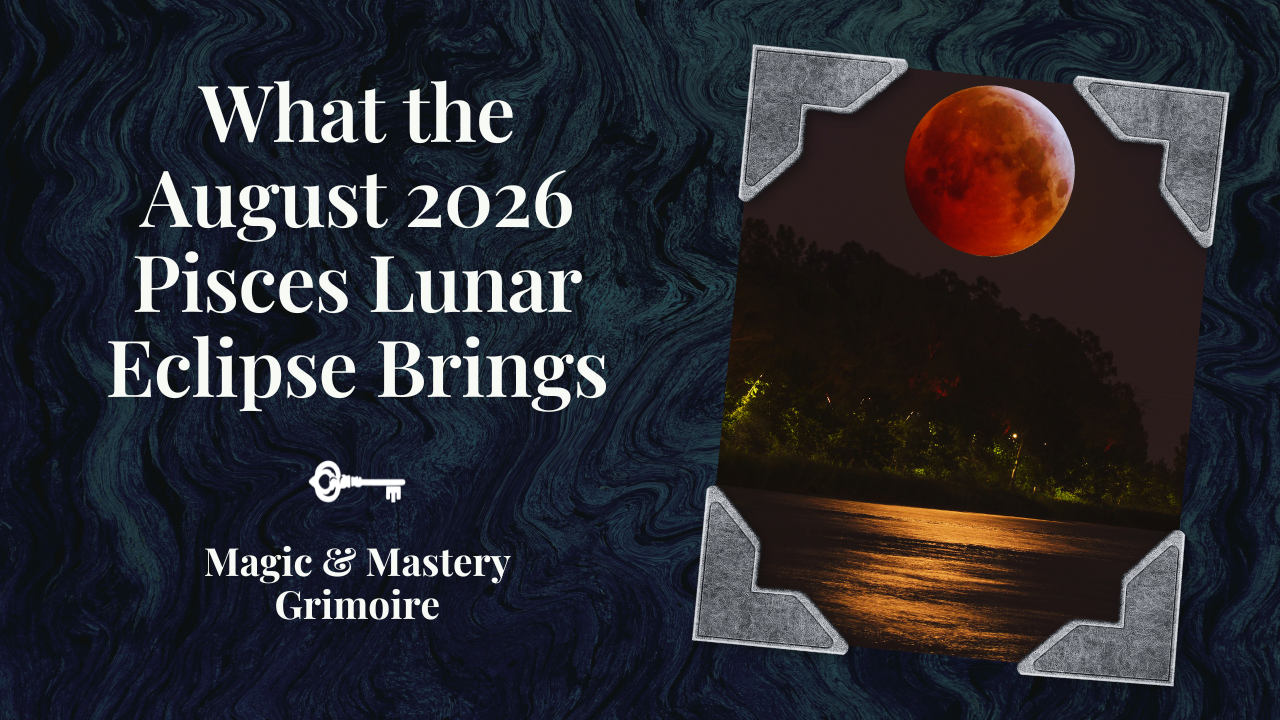 Blog post cover featuring a partial lunar eclipse over water at night, with the title ‘What the August 2026 Pisces Lunar Eclipse Brings’ and the Magic & Mastery Grimoire logo.