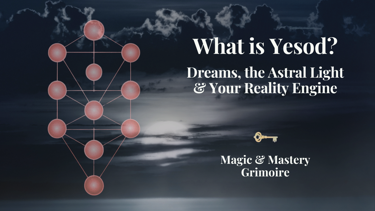 Tree of Life diagram against a moonlit sky, illustrating Yesod, the ninth Sephirah of Hermetic Qabala and the astral realm