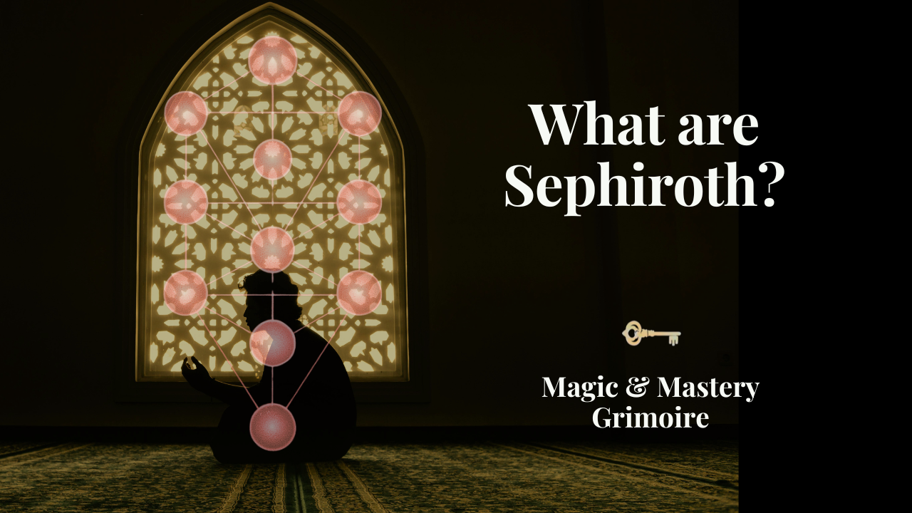 Tree of Life diagram in front of a stained glass window representing the ten Sephiroth as levels of consciousness