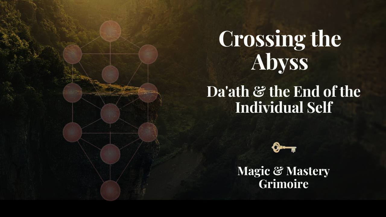 Tree of Life diagram overlaid on a cliff edge with golden light beyond, illustrating the Abyss in Hermetic Qabala and the threshold between individual and divine consciousness