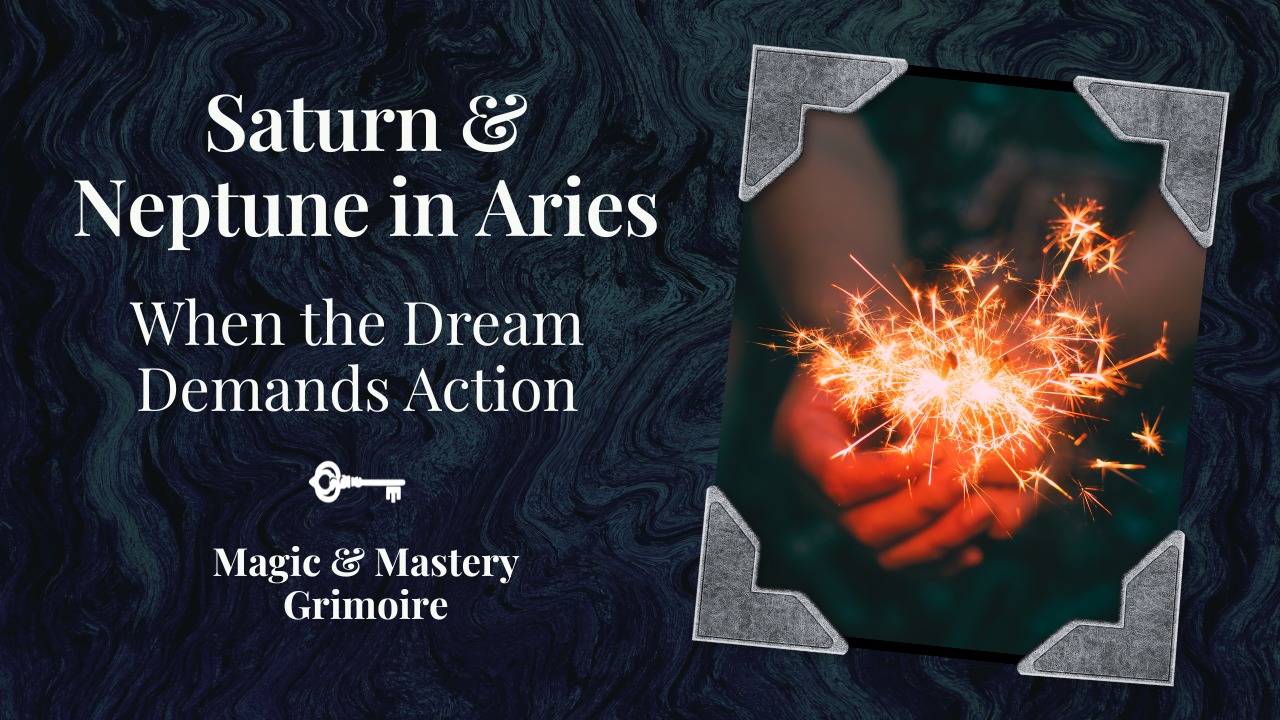 Blog post cover featuring the title ‘Saturn & Neptune in Aries: When the Dream Demands Action’ alongside an image of a hand holding a lit sparkler against a dark background, branded Magic & Mastery Grimoire.
