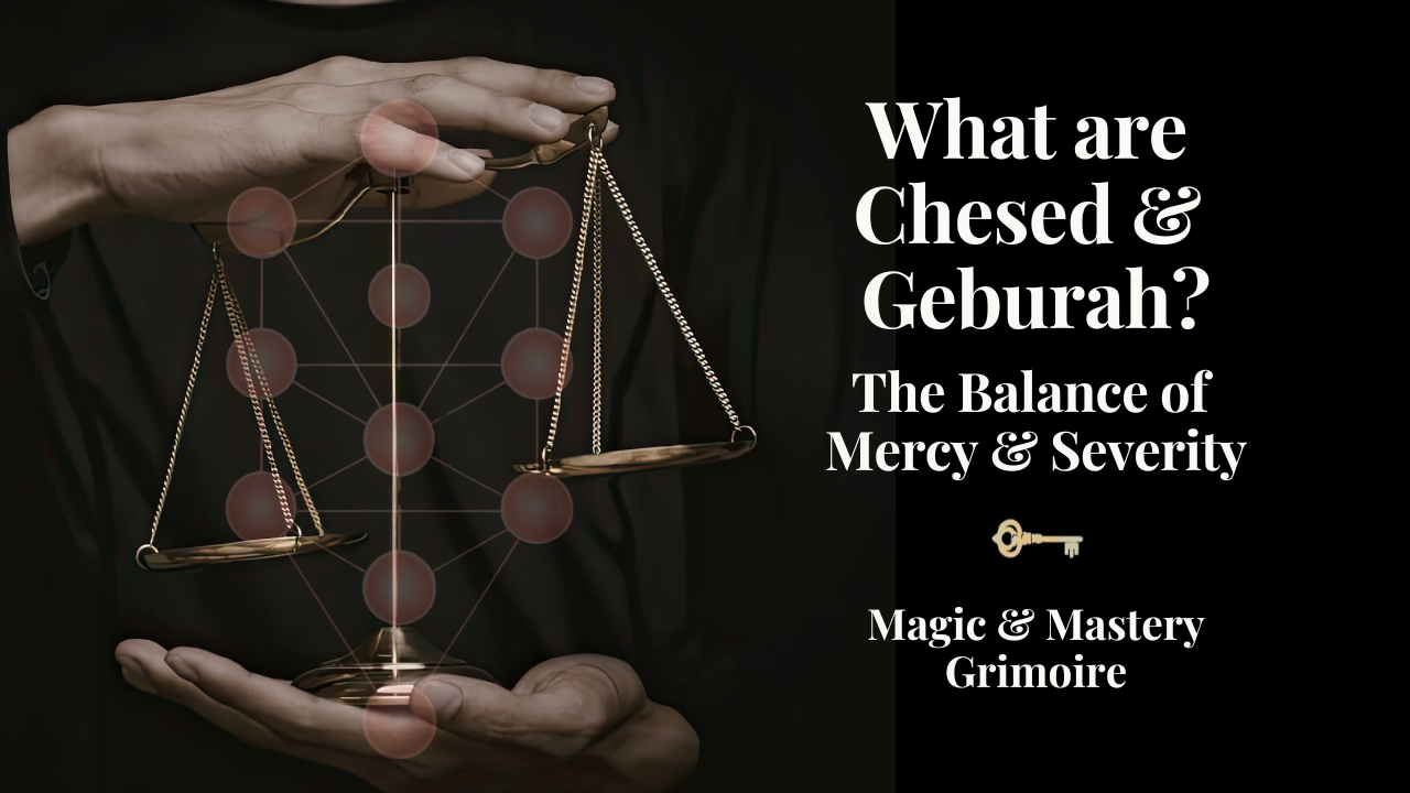 Tree of Life diagram overlaid on a pair of hands holding brass scales, illustrating Chesed and Geburah, the fourth and fifth Sephiroth of Hermetic Qabala