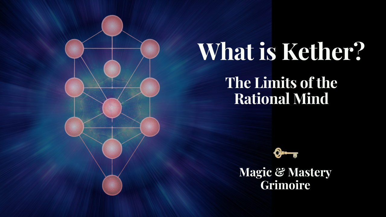 Tree of Life diagram radiating light against a deep blue cosmic background, illustrating Kether, the first Sephirah of Hermetic Qabala and the crown of the Tree of Life