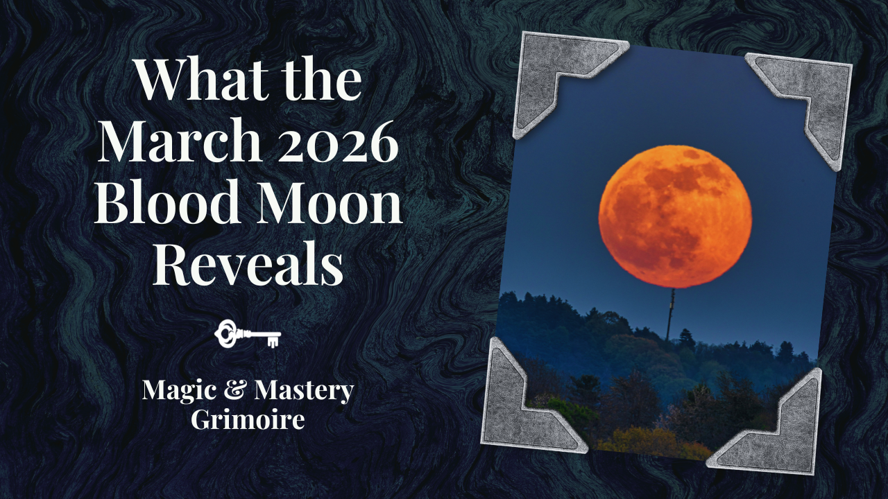 Blog post cover featuring a red ‘Blood Moon’ rising over a dark forested landscape at night, with the title ‘What the March 2026 Blood Moon Reveals’ and the Magic & Mastery Grimoire logo.
