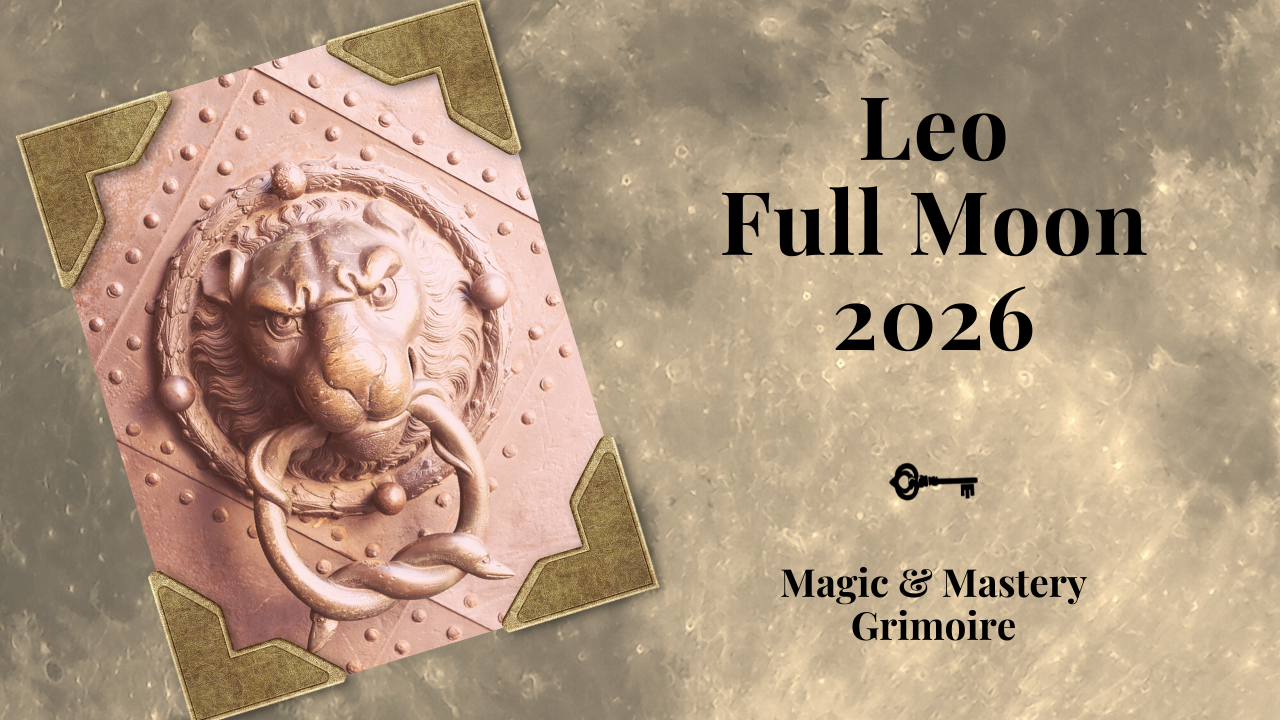 Leo Full Moon 2026 cover image featuring a bronze lion door knocker against a luminous moon background, with text reading Leo Full Moon 2026 and Magic & Mastery Grimoire.