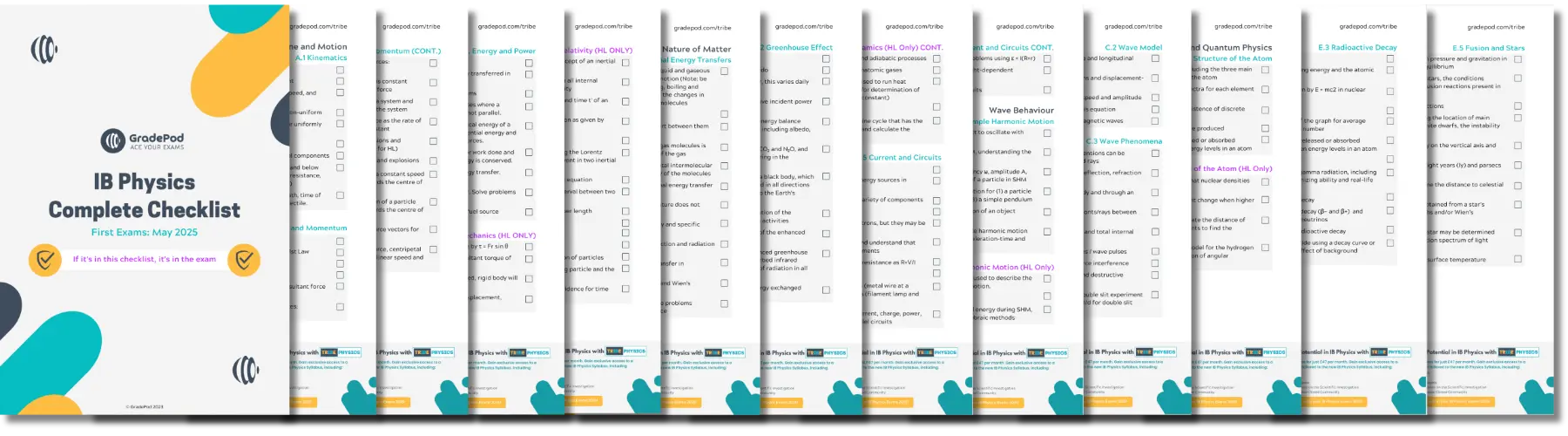 IB Physics Complete Checklist image for GradePod. The checklist covers all learning objectives for the IB Physics syllabus, organised by topic. The topics include mechanics, energy and power, waves, quantum physics, and more, with sections highlighted for HL (Higher Level) only content. The checklist includes checkboxes next to each item for tracking progress. The title emphasises that if a concept is on this checklist, it will be on the exam. The image is branded with the GradePod logo and is intended to be a tool for organised learning and exam preparation.