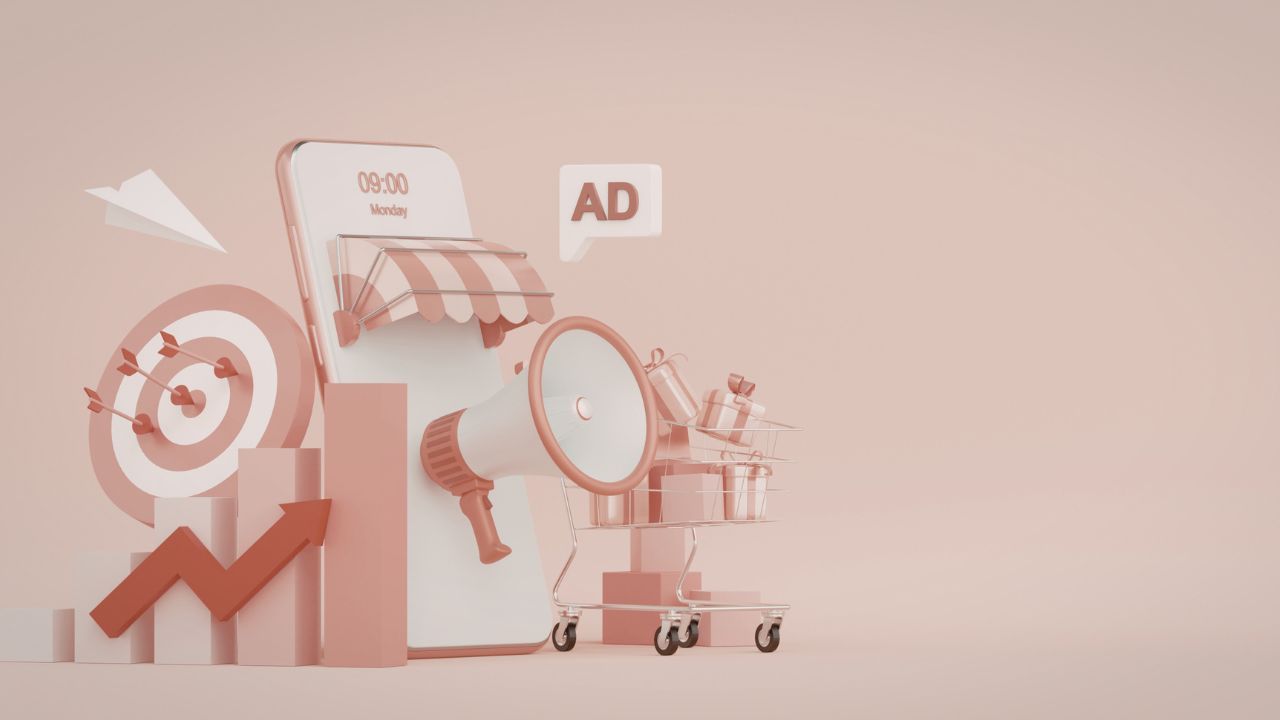 Meta ads performance concept with ecommerce icons, targeting, and growth chart