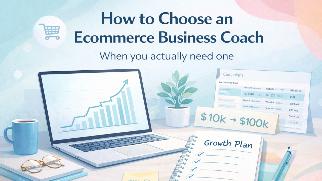 Laptop with growth chart and notebook showing ecommerce business scaling from $10k to $100k