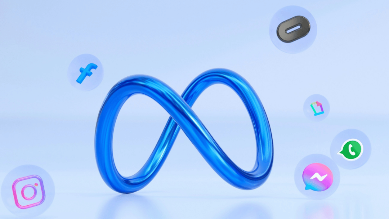3D Meta infinity logo surrounded by Facebook, Instagram, Messenger and WhatsApp icons representing Meta advertising platforms