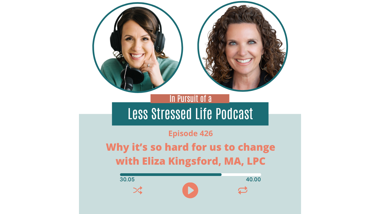 Podcast cover are featuring Christa Biegler and Eliza Kingsford: Episode 426 Why it’s so hard for us to change with Eliza Kingsford, MA, LPC