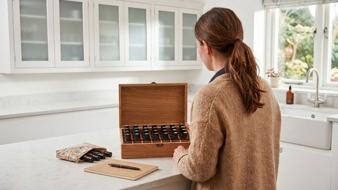 etherische olie bewaar doos met flesjes etherische olie van heio