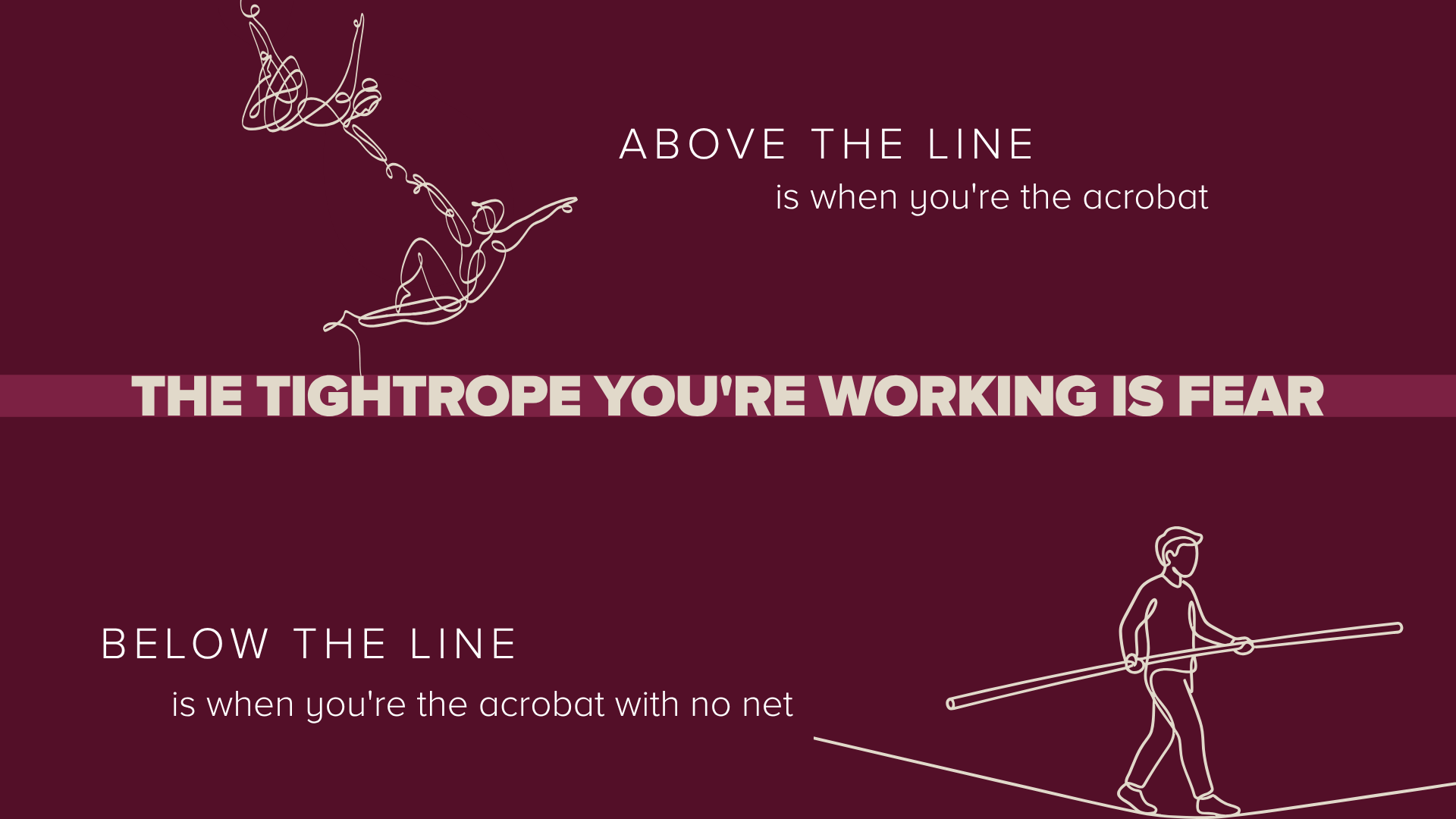 Above the line, below the line thinking framework showing an acrobat on a tightrope of fear