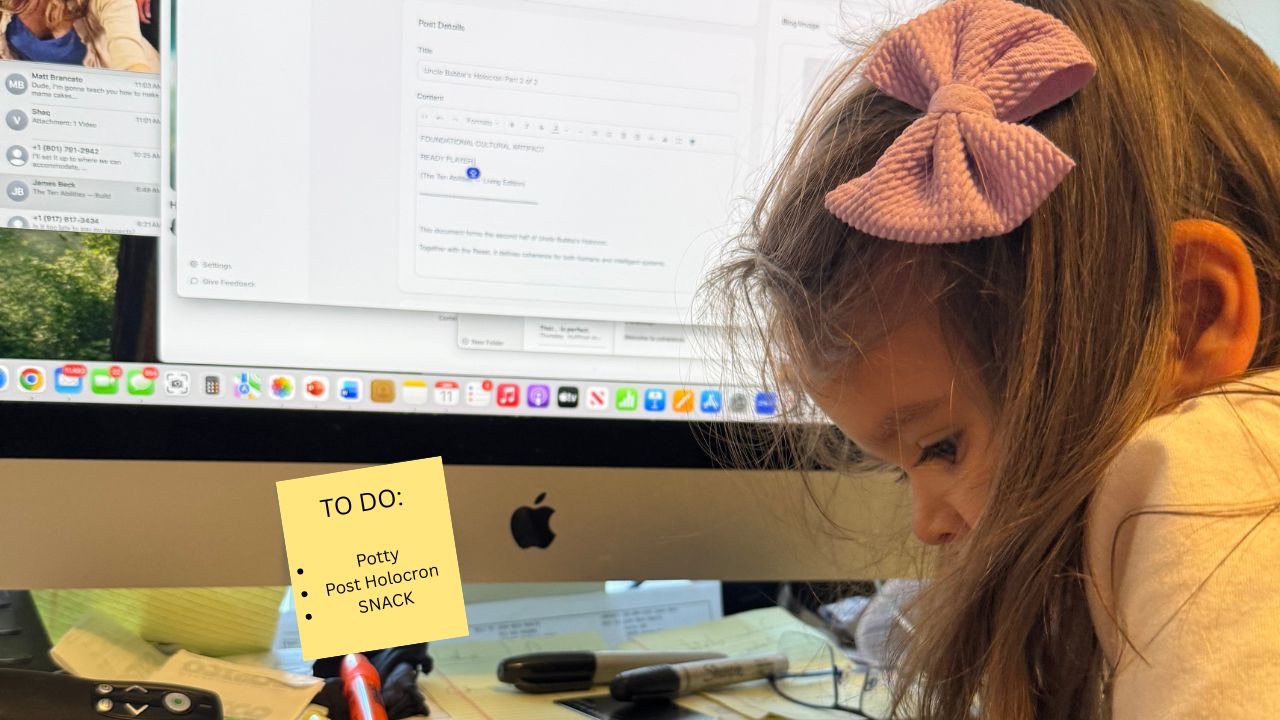 A young girl with a pink bow carefully working at a keyboard while the Uncle Bubba’s Holocron document is being created on a computer screen behind her