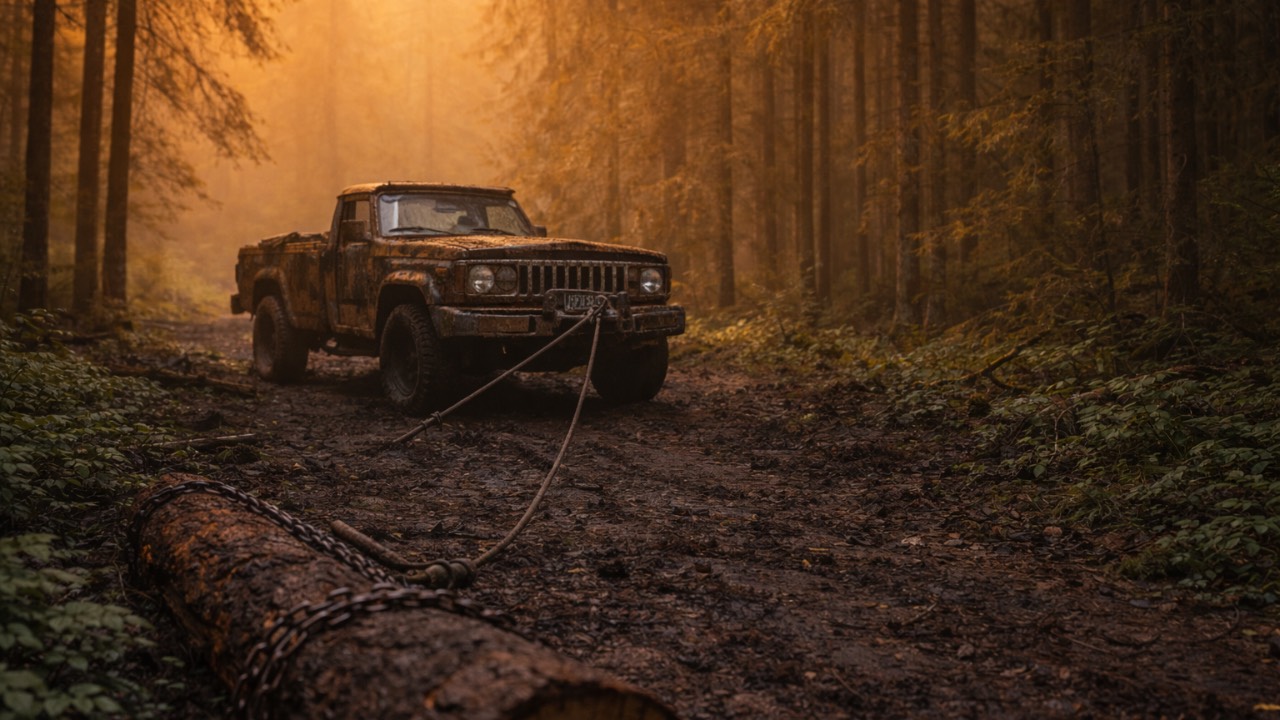 Old Jeep truck pulling a heavy log through a muddy forest trail at sunrise, golden light breaking through the trees