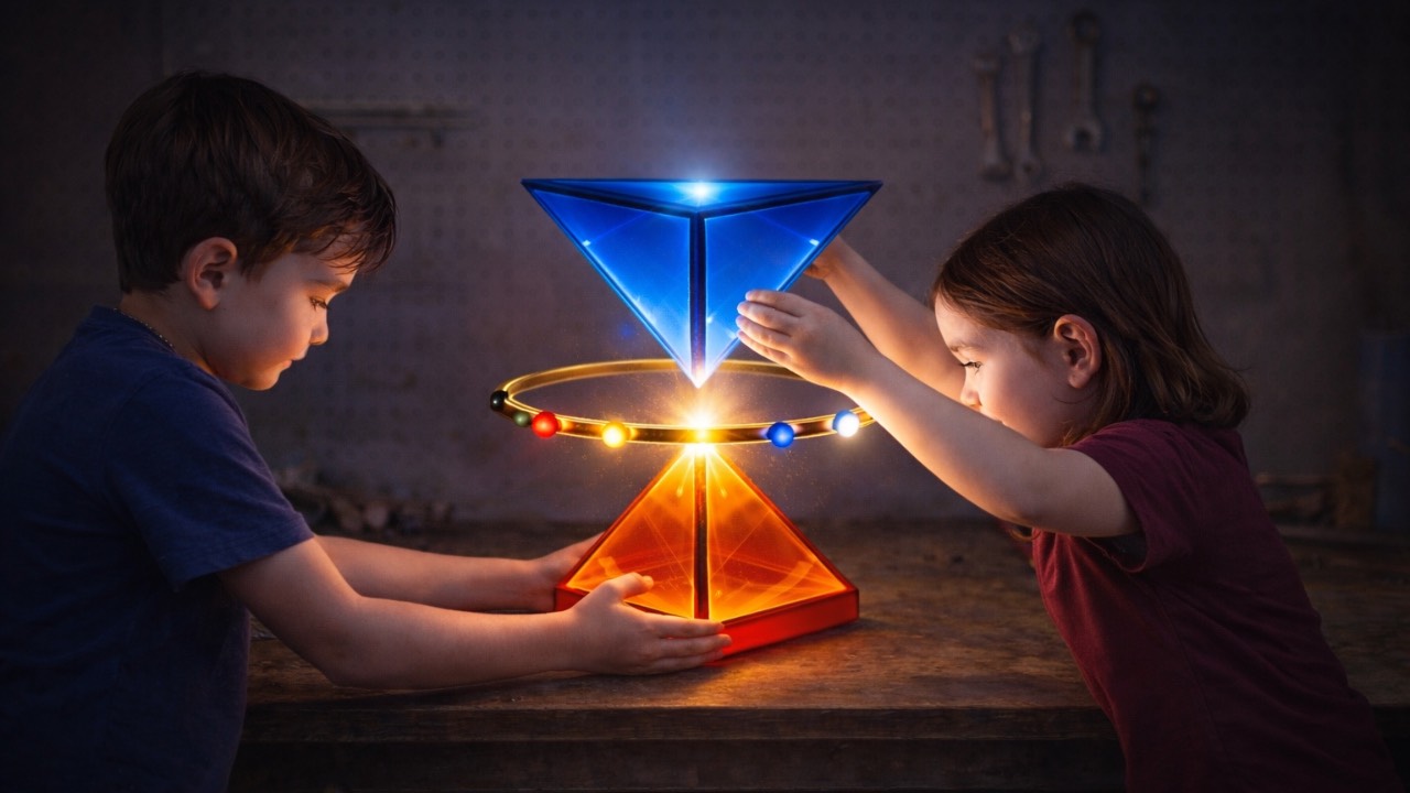 Children assembling a glowing holocron symbolizing the Ten Abilities and human coherence