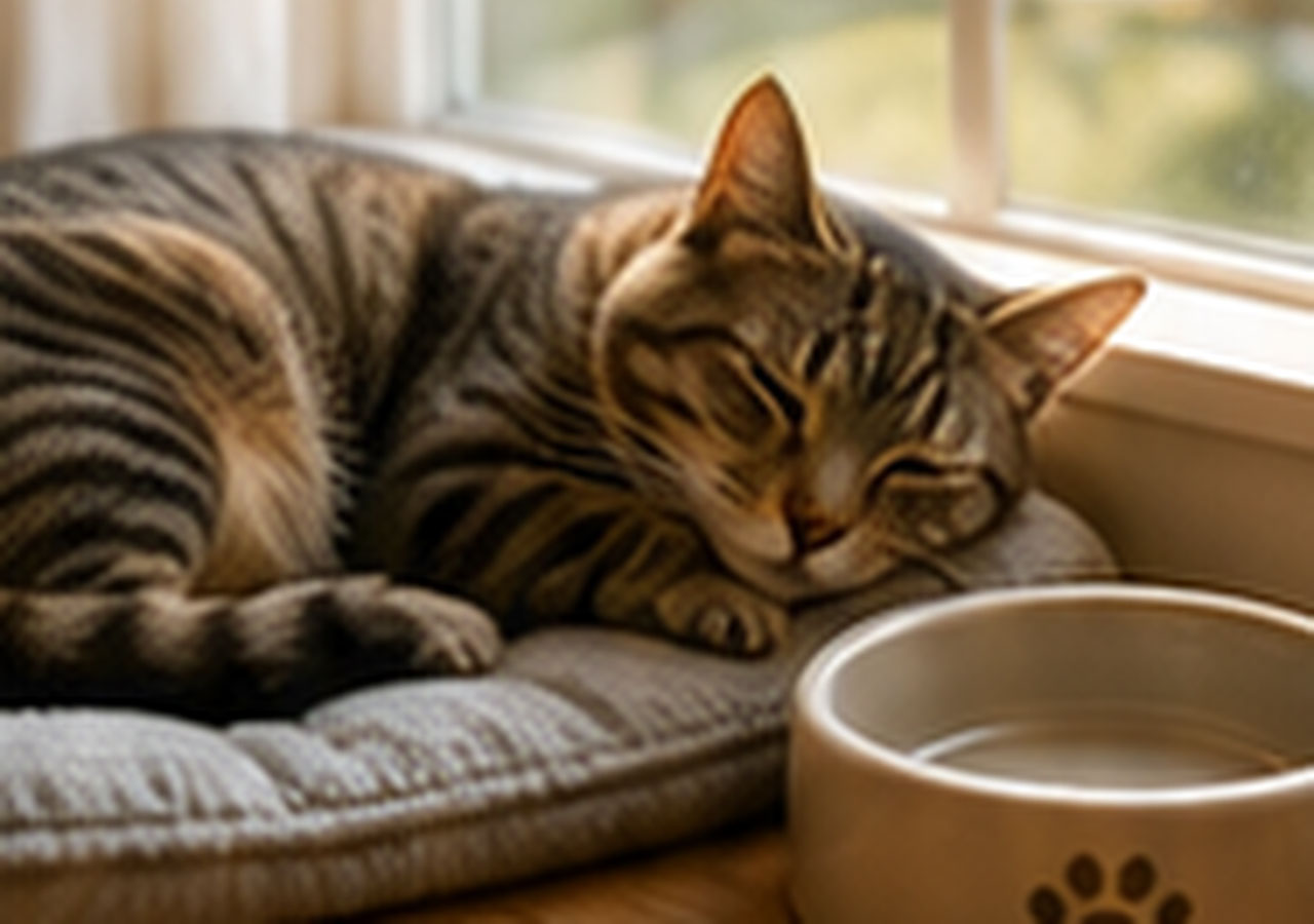 A cat resting on a cushion by a sunny window near a water bowl.
