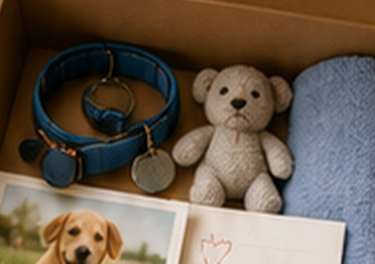 A keepsake box with a pet collar, a small toy, a blanket, and a printed photo.