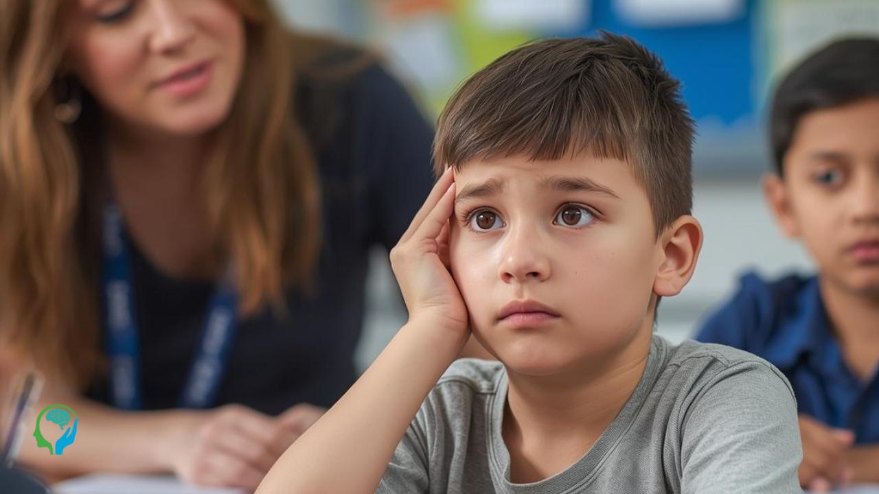 An AI generated picture of a teacher is worried about a child's learning and how they can help.