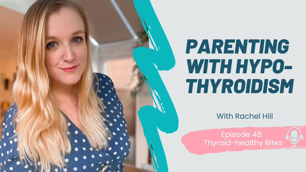 Episode 48 of the Thyroid Healthy Bites Podcast: Parenting with Hypothyroidism with Rachel Hill, pictured in a blue polka dot dress