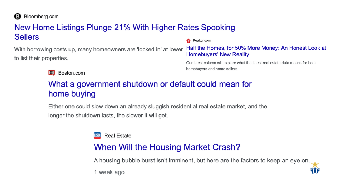 screenshots of recent news articles showing tumultuous times in the real estate market