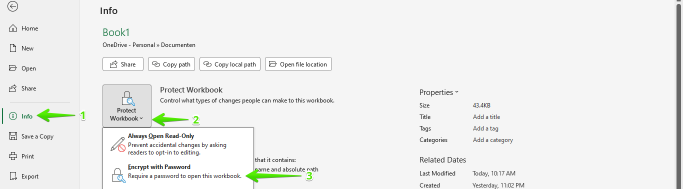 Excel File Info menu showing the Protect Workbook dropdown with Encrypt with Password highlighted
