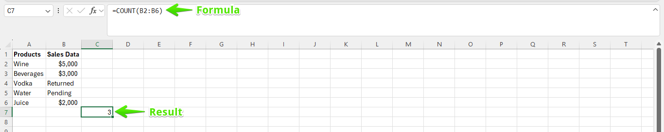 Excel spreadsheet example showing the COUNT function applied to a range with numbers, text, and empty cells