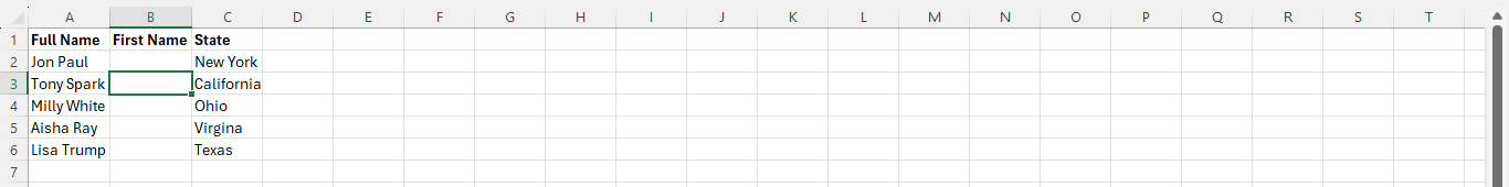Adding a new blank column labeled First Name next to the existing Full Name column.