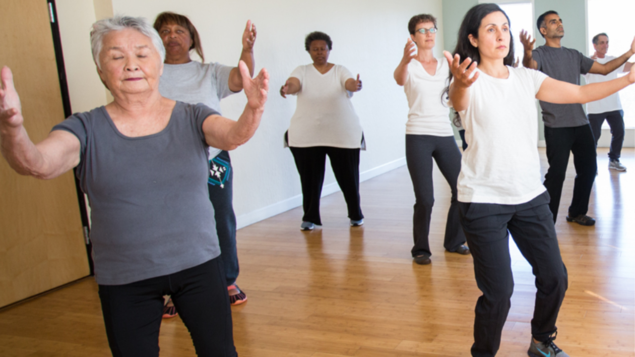 Multiple, diverse group of people doing Wild Goose qigong.