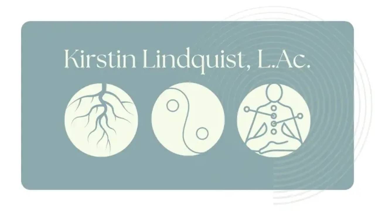 Kirstin Lindquist, L.Ac. + symbols with tree roots, yin yang, and person with acupuncture needles and points.