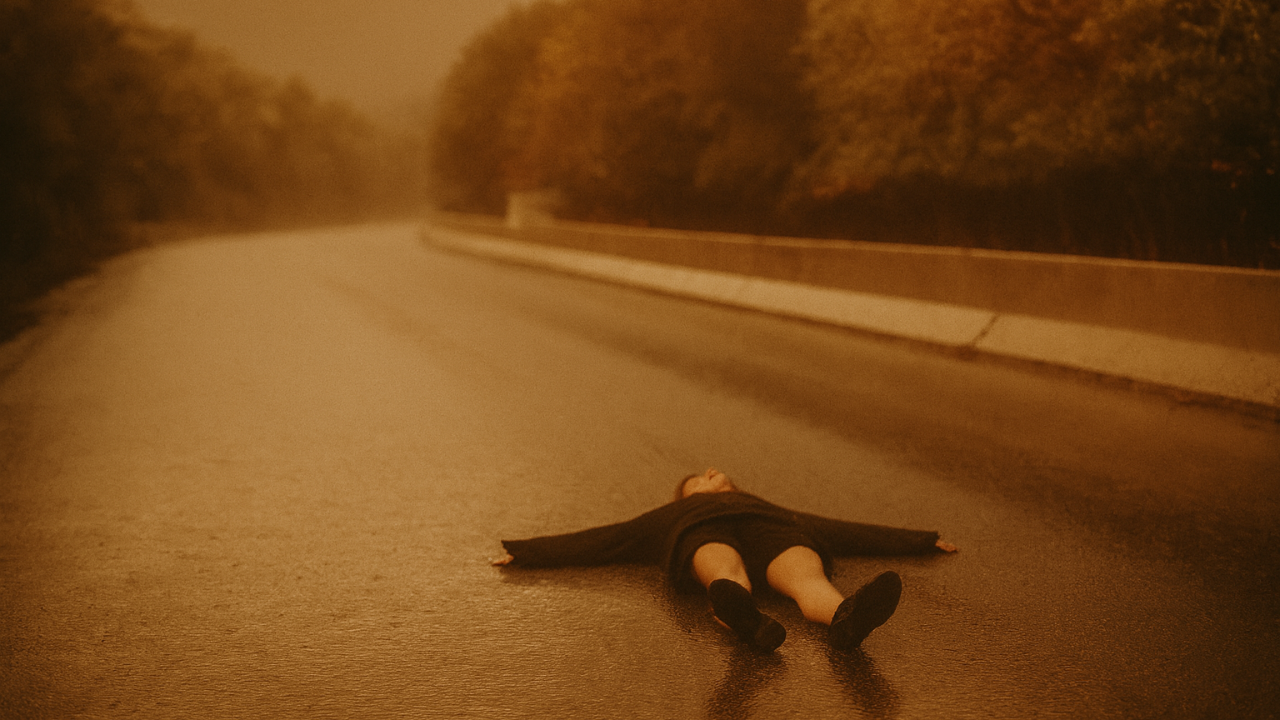 woman laying on her back in middle of the road, representing depression and despair