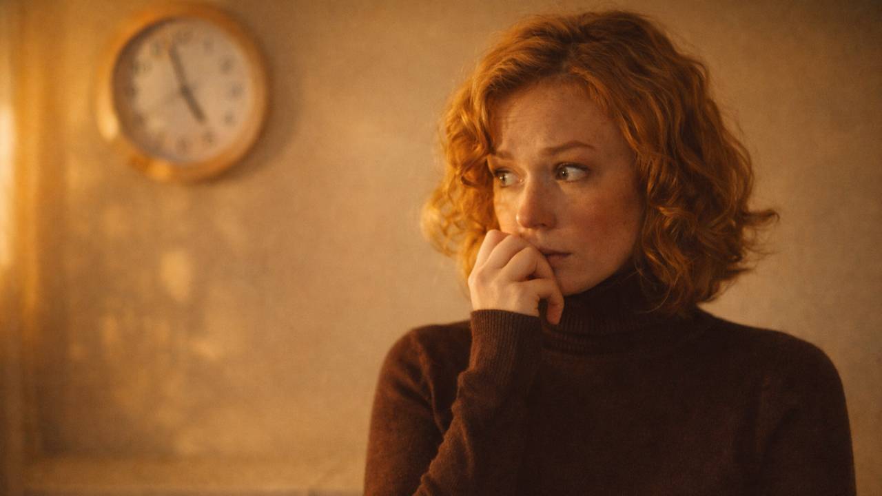 woman with a clock behind her and fingers in her mouth expressing urgency, anxiety, and waiting