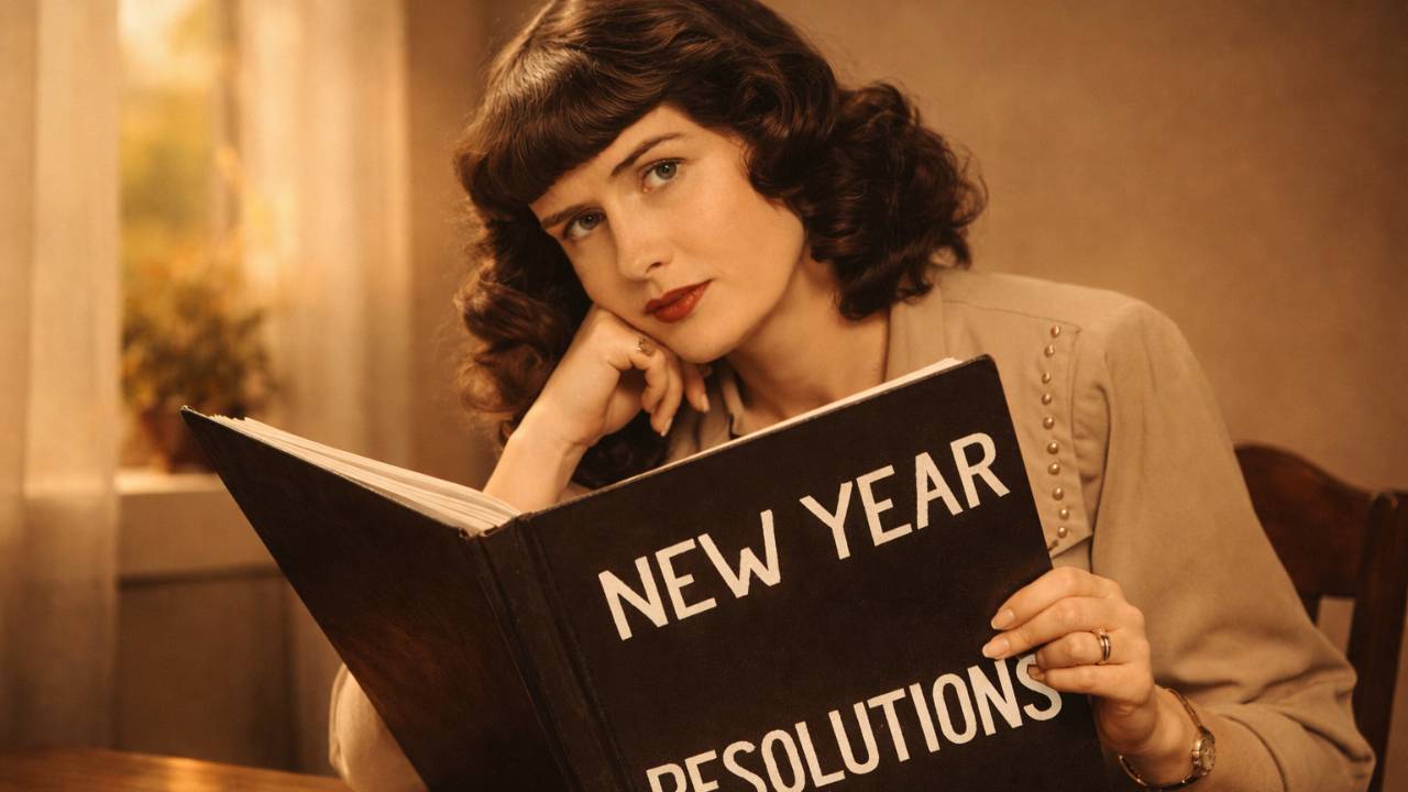 A woman holding a book titled “New Year Resolutions” in warm, natural light.