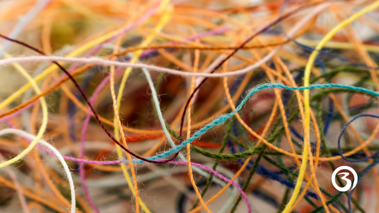 Entangled threads illustrating a problem that changes as you try to untangle it.