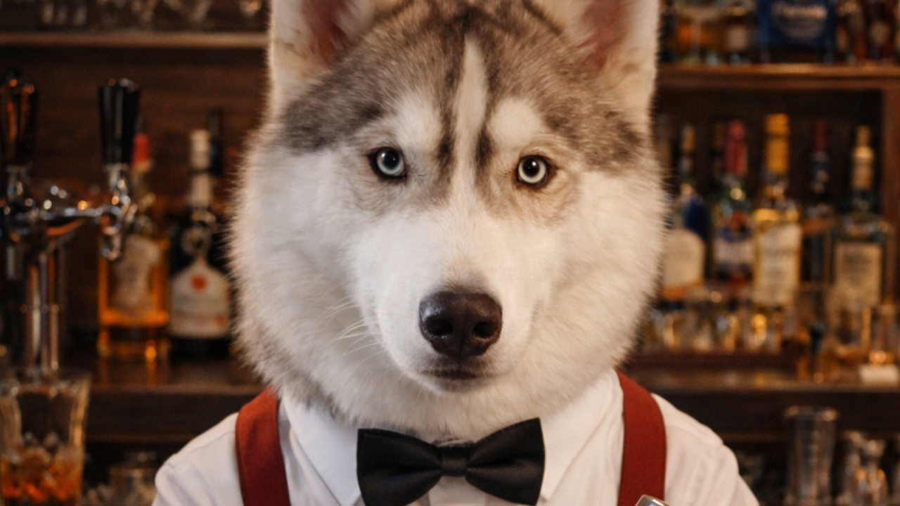 A red and white Siberian Husky as a bartender, conformation dog shows, conformation handling, conformation training, conformation seminars, Sandy Weaver, dog training, dog sports