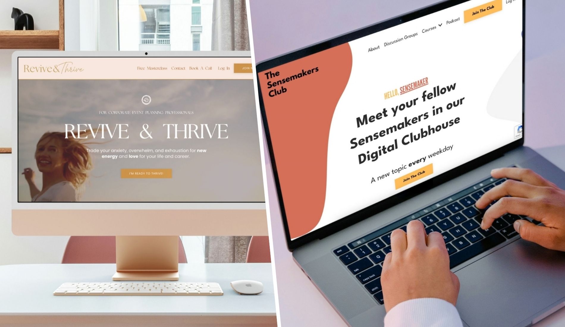 Revive & Thrive and The Sensemakers Club Kajabi homepage designs with prominent call-to-action buttons.