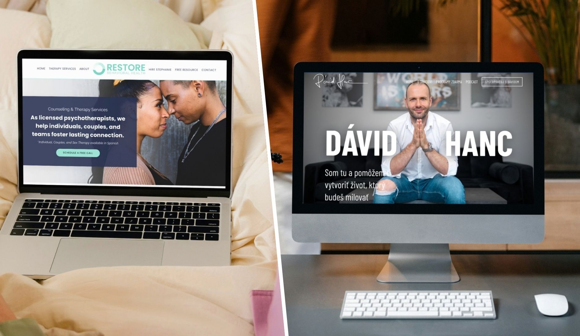 Kajabi homepage designs for Restore Behavioral Health and a coaching business, displayed on a laptop and desktop monitor.