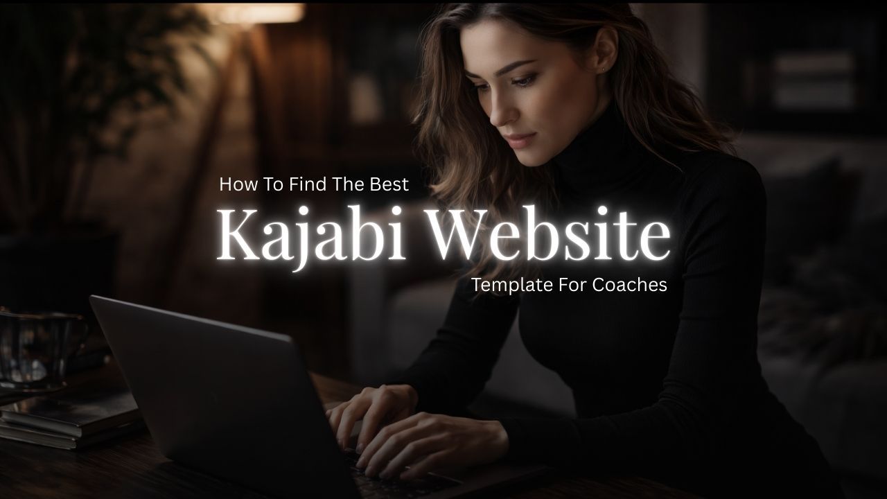 coach working on a Kajabi website template on a laptop with a dark, professional design aesthetic