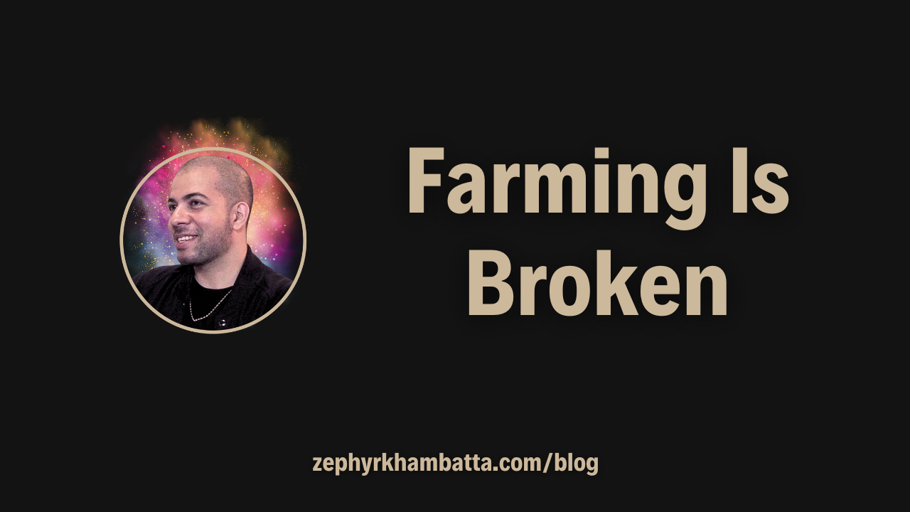 Black and gold blog image with the words “Farming Is Broken” from The Zephyr Show Episode 4 with Nainshad Batliwalla.