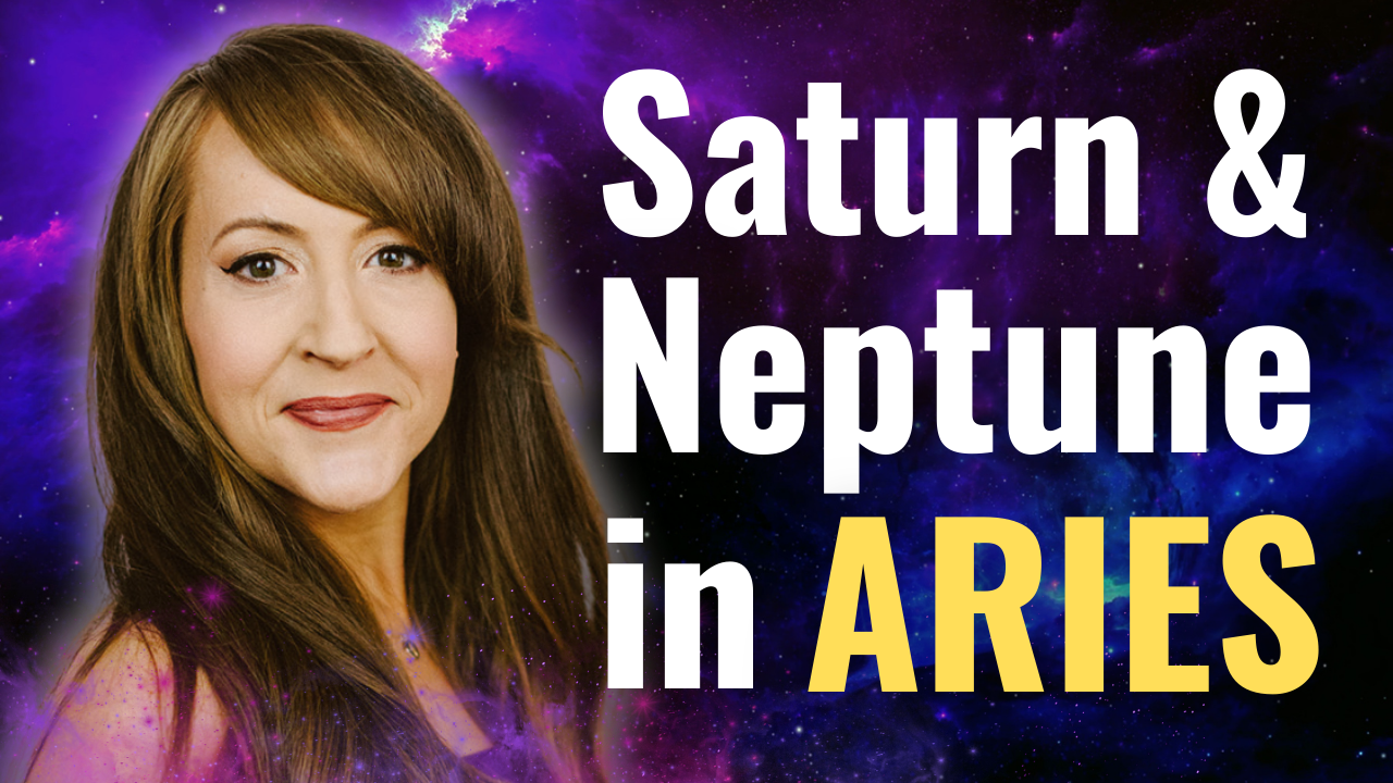 Heather Eland smiling with the title Saturn and Neptune in Aries