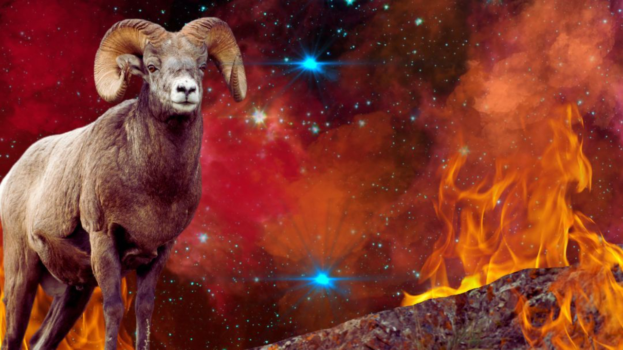 March 2023 Astro-Highlights ram standing on a rock with flames at the right of it and a red cosmos sky with blue stars in the background.