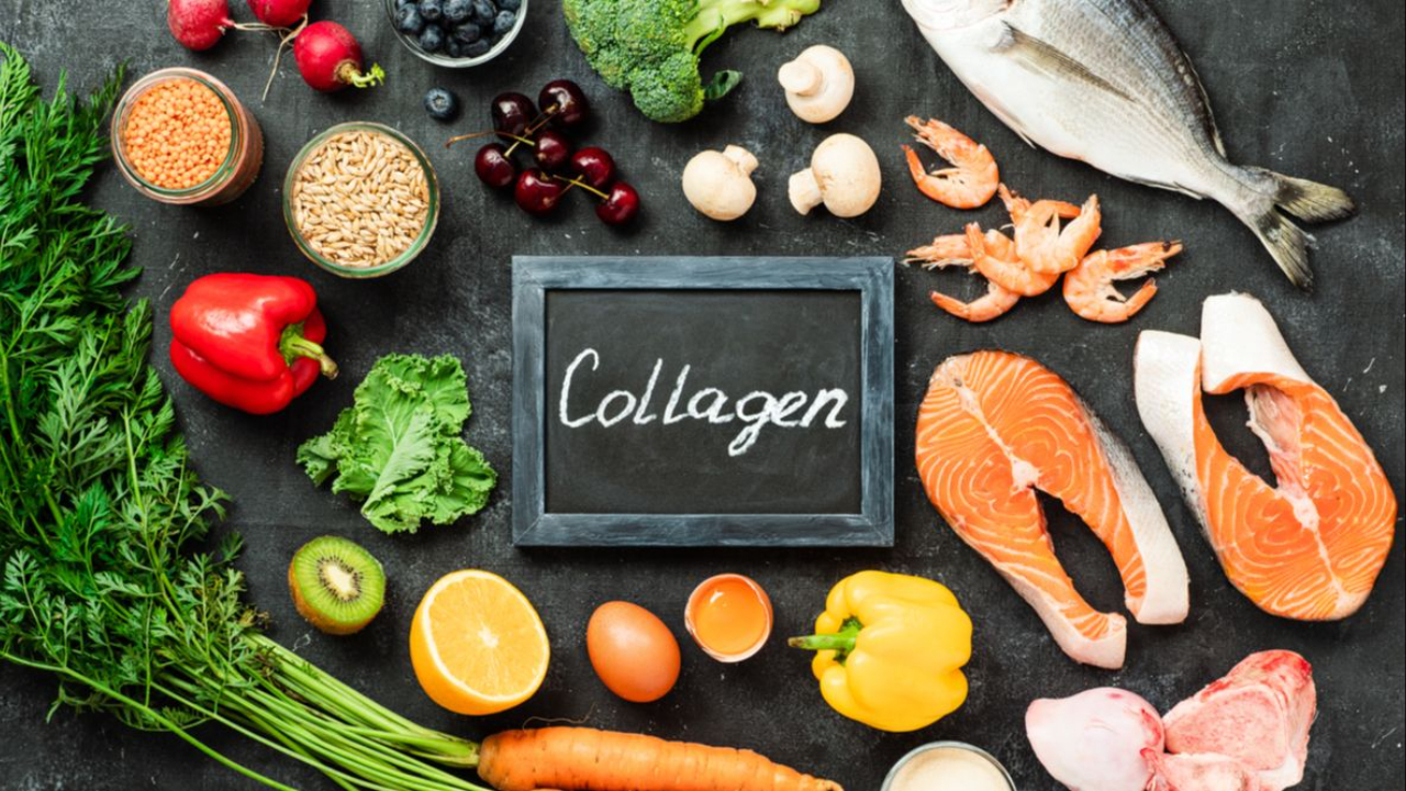 Collagen boosting foods including salmon, citrus fruits, and bell peppers for youthful skin