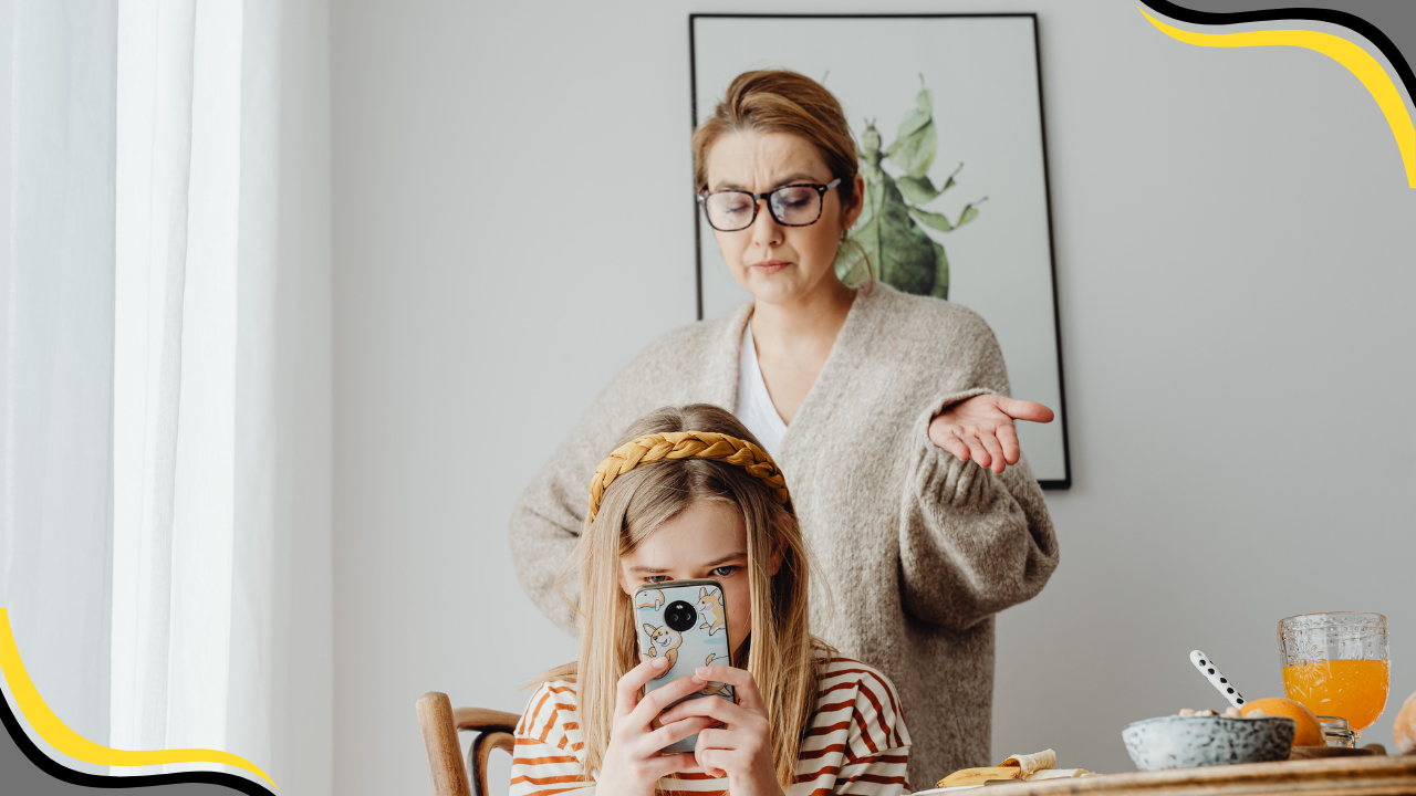 teen looking at phone while upset mother waits for them to hand it over