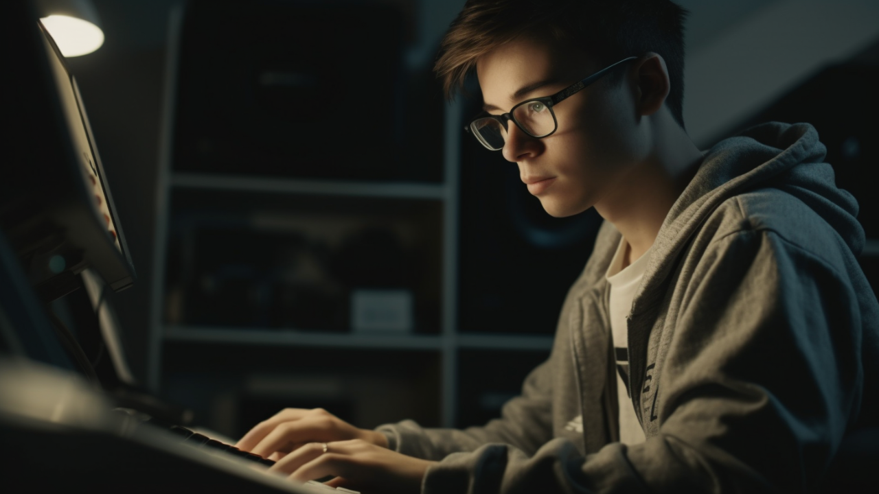 computer player man wearing glasses and a hoodie working in dark environment